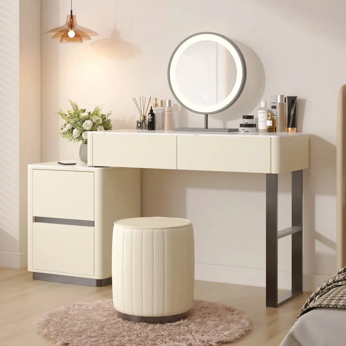 Solid Wood Makeup Vanity Desk โEdorta 55.12'' with LED Mirror & Stool-OUCH CART|Dressing table