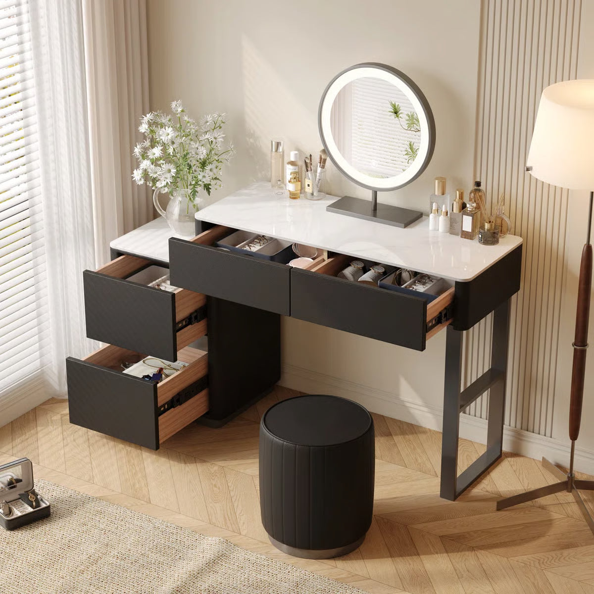 Solid Wood Makeup Vanity Desk –Edorta  55.12'' with LED Mirror & Stool