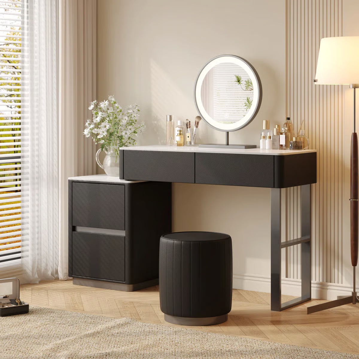 Solid Wood Makeup Vanity Desk –Edorta  55.12'' with LED Mirror & Stool-OUCH CART|Dressing table