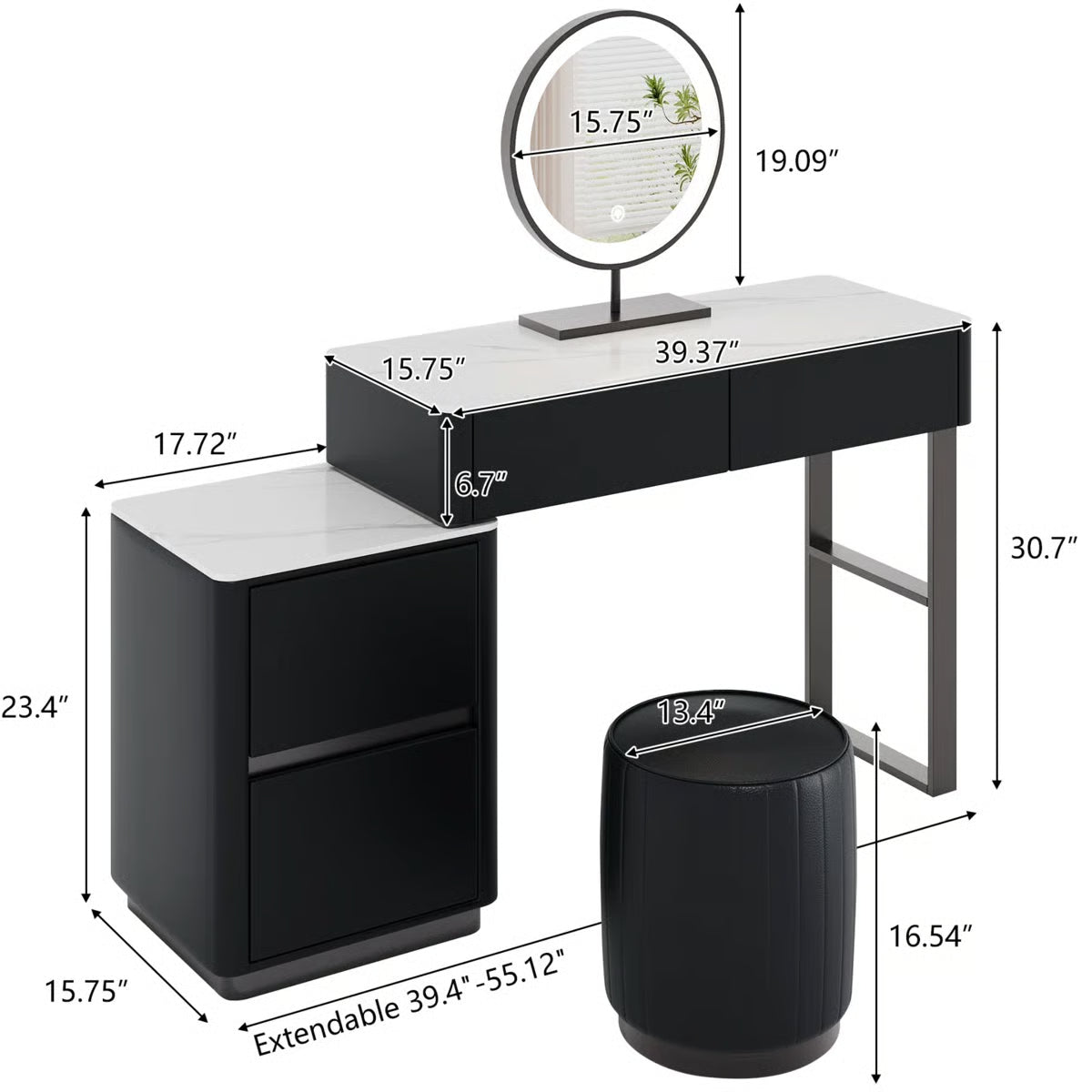 Solid Wood Makeup Vanity Desk –Edorta  55.12'' with LED Mirror & Stool