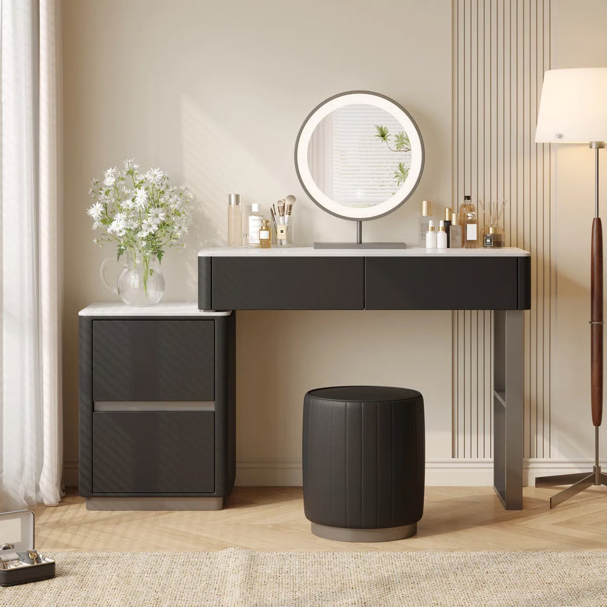 Solid Wood Makeup Vanity Desk –Edorta  55.12'' with LED Mirror & Stool-OUCH CART|Dressing table