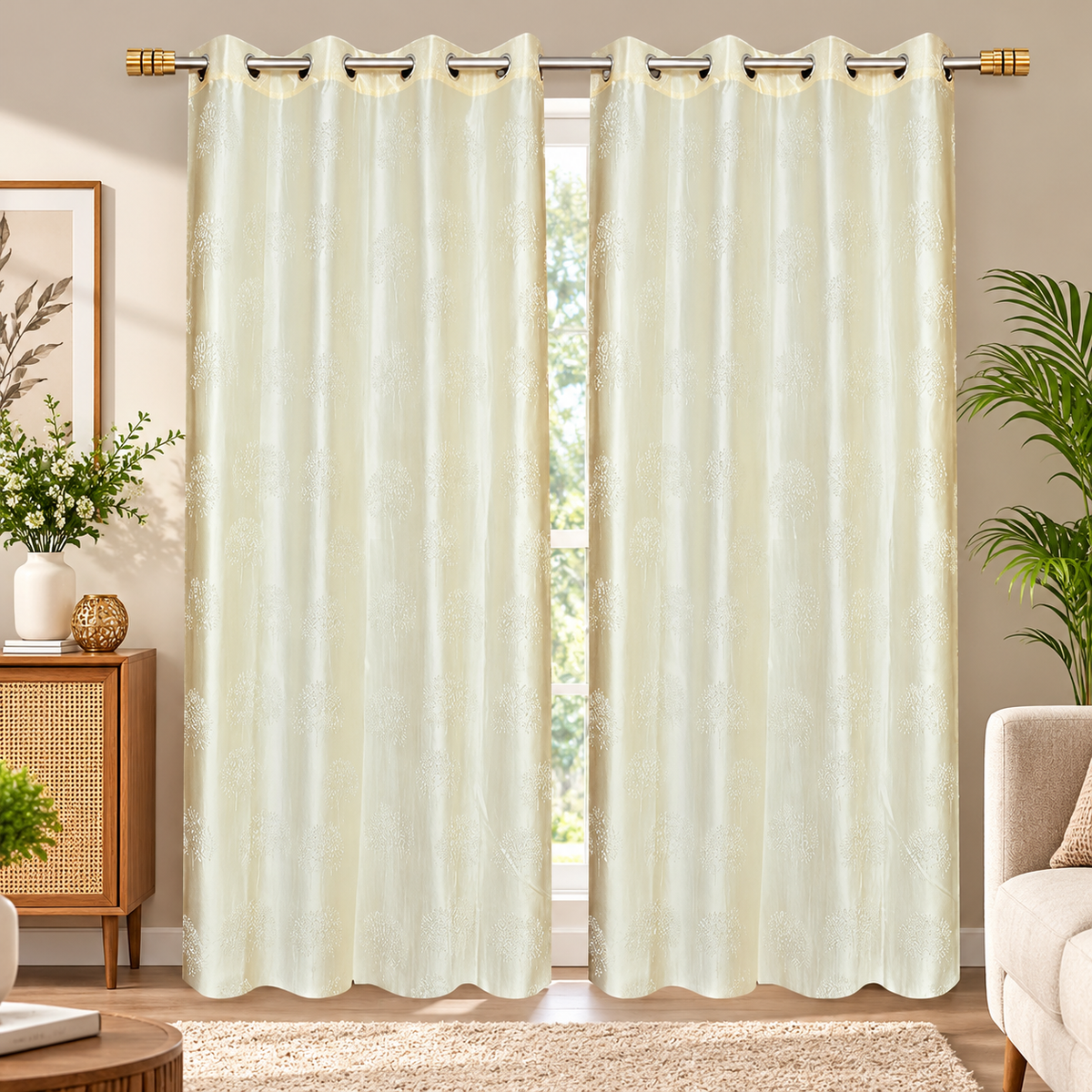 Premium Long Crush Polyester Eyelet Curtains for Door and Window, Glittering Floral Pattern, Soft Fabric Drapes, Elegant Home Decor Curtain Panel, 5 Feet, 7 Feet and 9 Feet Sizes, Pack of 1