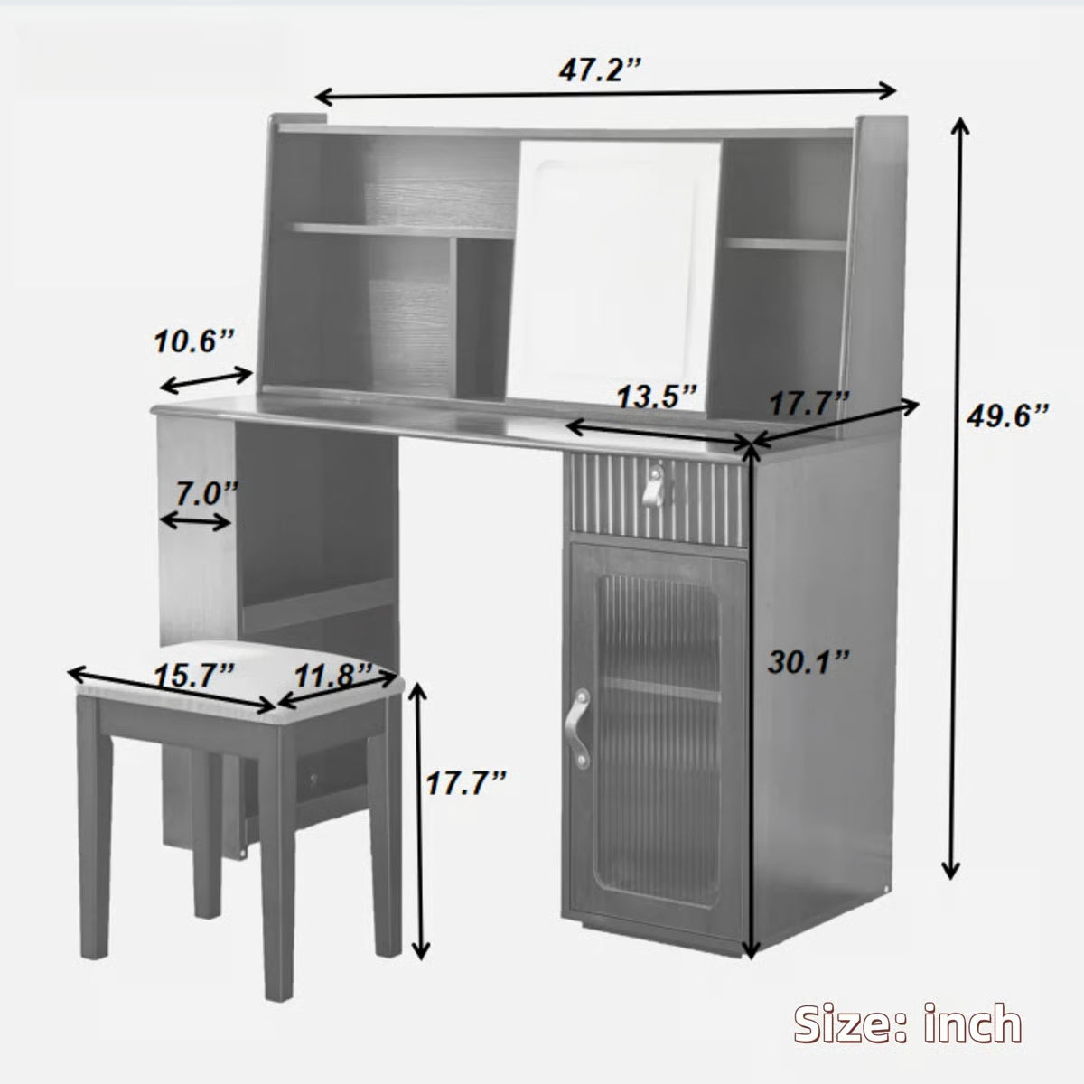 Makeup Vanity Desk with Adjustable Sliding LED Mirror – Elegant Design, Drawer, Display Shelves & Stool