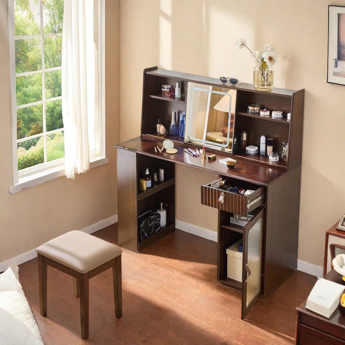 Makeup Vanity Desk with Adjustable Sliding LED Mirror – Elegant Design, Drawer, Display Shelves & Stool