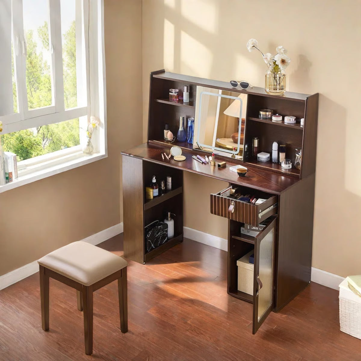 Makeup Vanity Desk with Adjustable Sliding LED Mirror – Elegant Design, Drawer, Display Shelves & Stool
