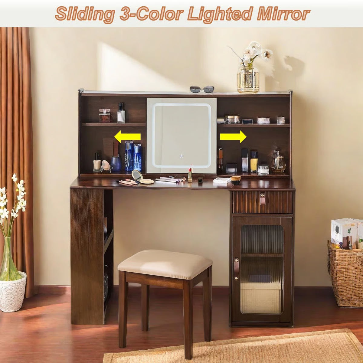 Makeup Vanity Desk with Adjustable Sliding LED Mirror – Elegant Design, Drawer, Display Shelves & Stool