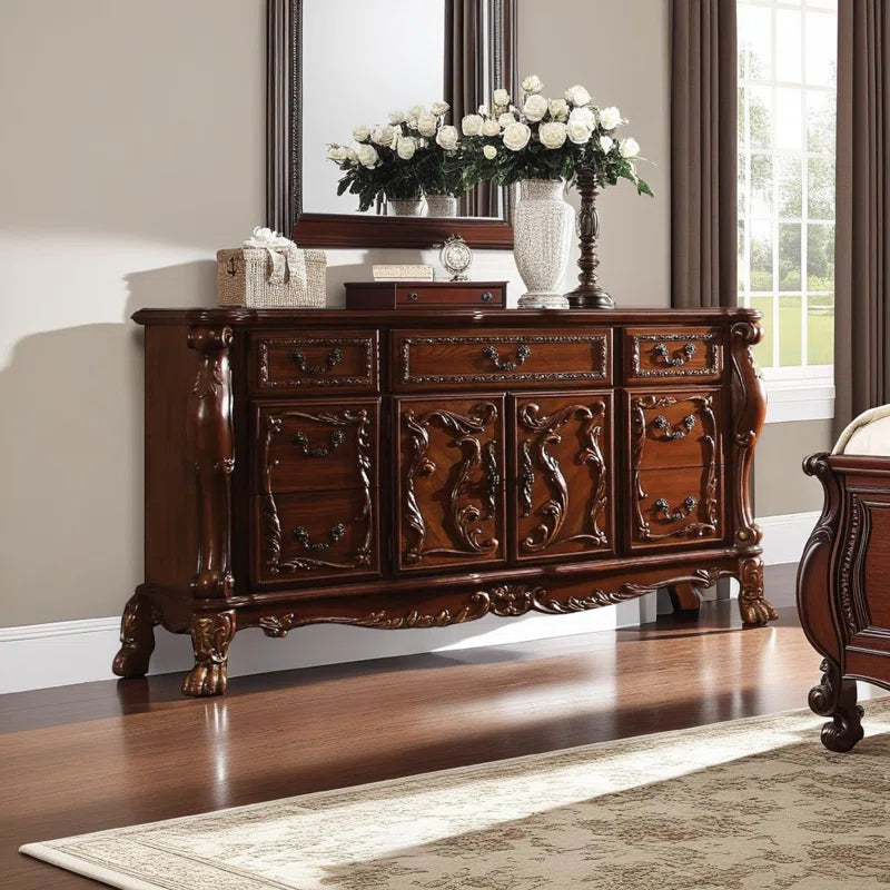 Eliava 66.2'' Solid Wood Wide Dresser, 7 Drawers w Antique Handles, Floral Carvings, Brown -Ouchcart| Cabinet