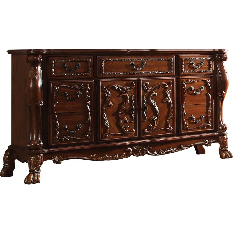 Eliava 66.2'' Solid Wood Wide Dresser, 7 Drawers w Antique Handles, Floral Carvings, Brown -Ouchcart| Cabinet