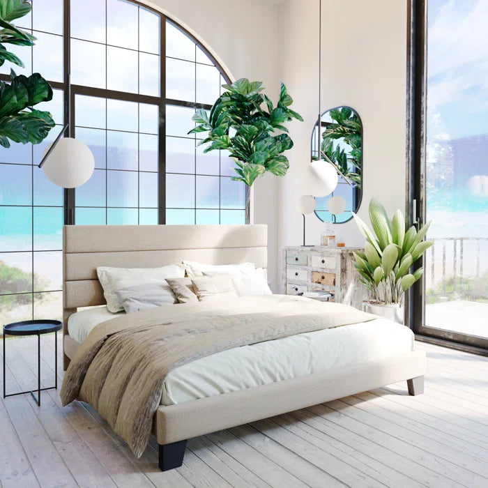 Platform Bed with Fabric Upholstered Headboard and Wooden Slats