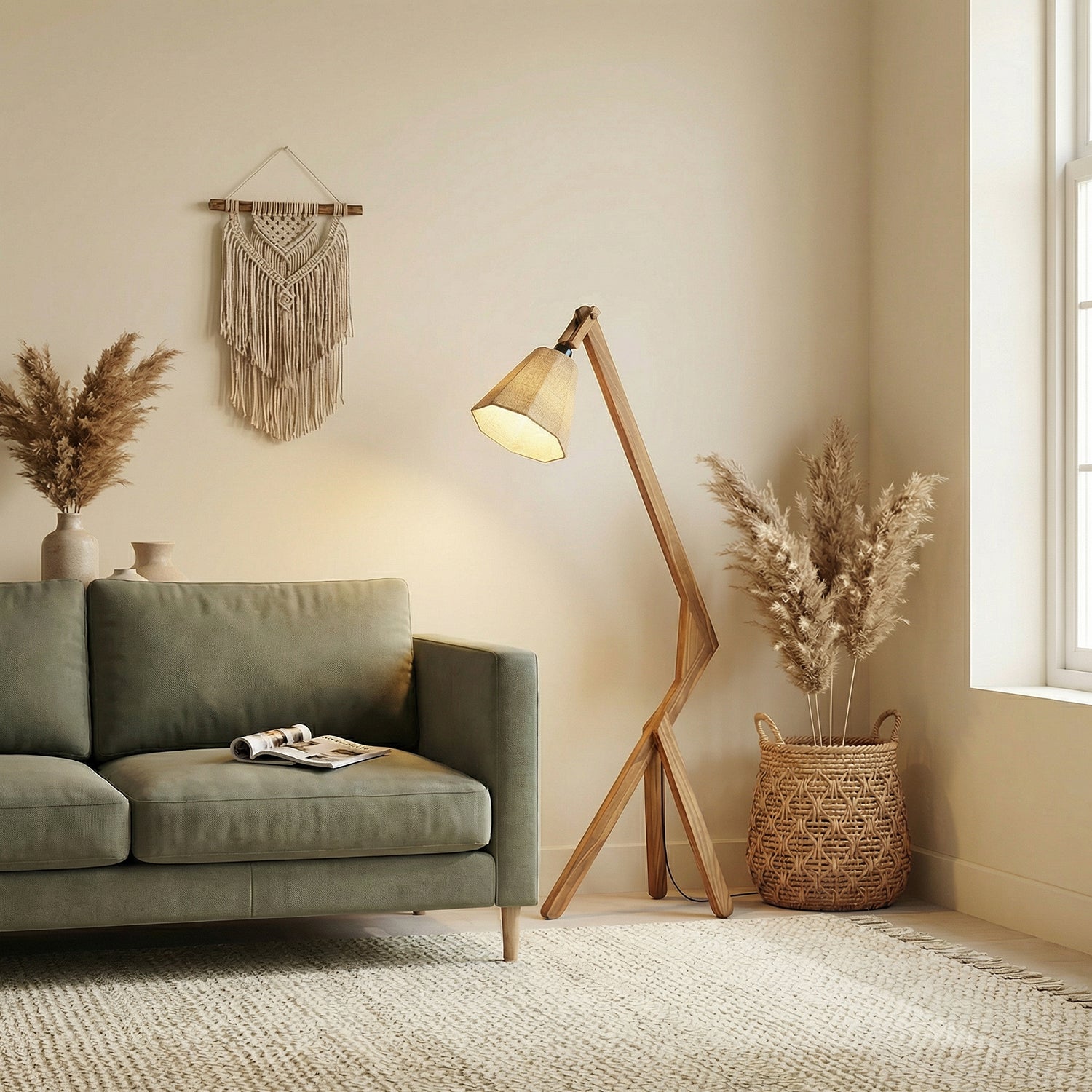 Emphasis Wooden Floor Lamp with Brown Base and Beige Fabric Lampshade (BULB NOT INCLUDED)