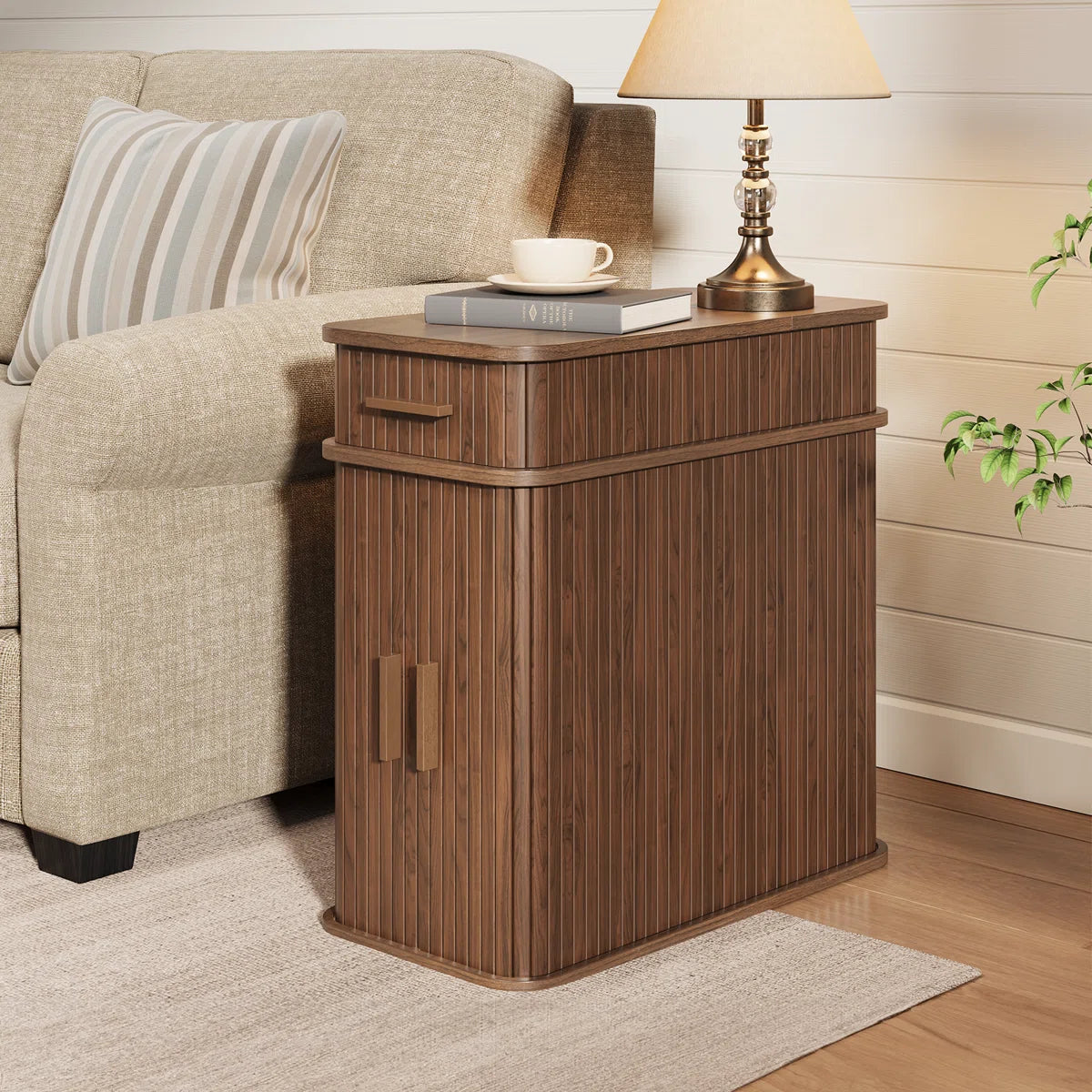 Ouch Cart Modern Wooden End Table with Charging Station & Storage Cabinet Ouch Cart