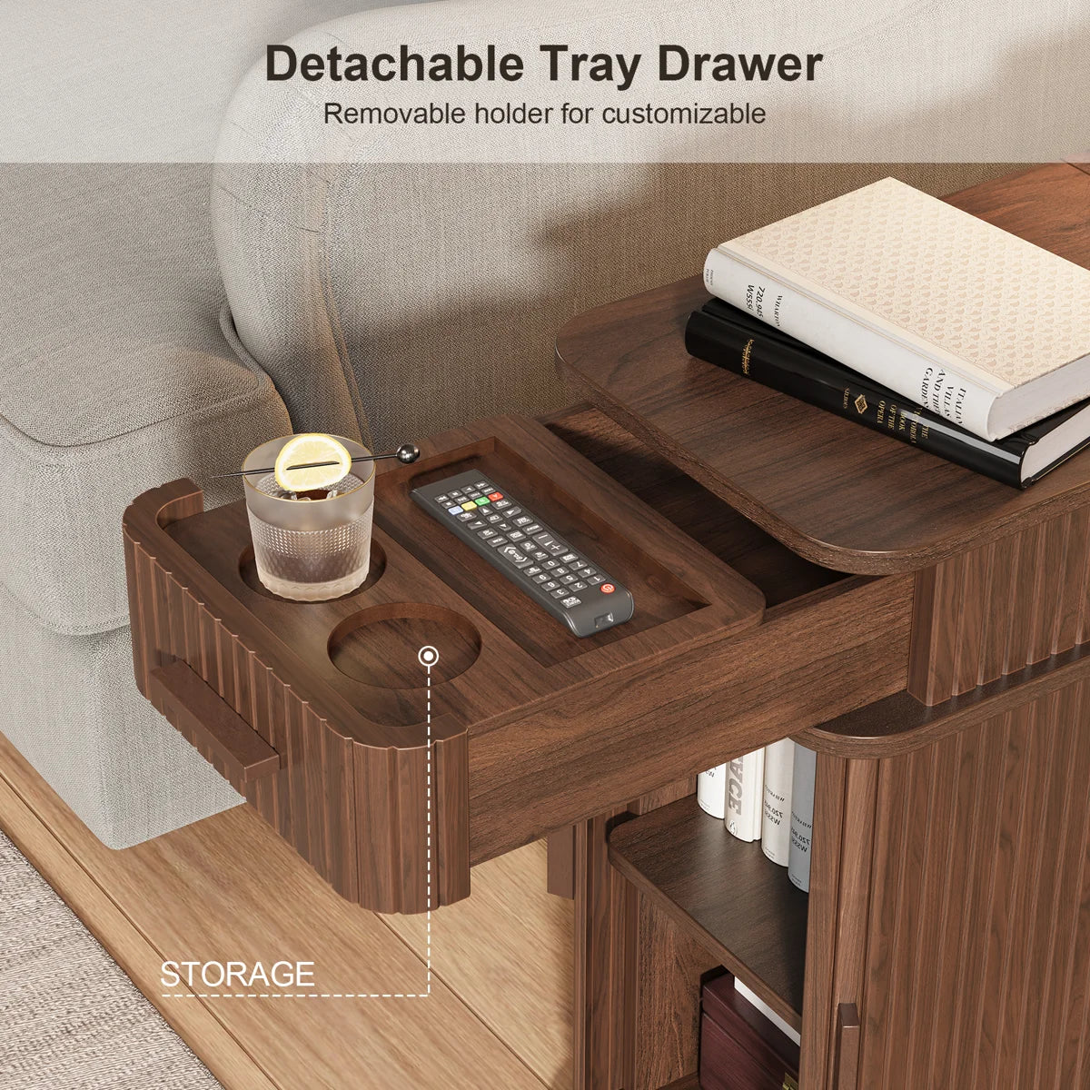 Ouch Cart Modern Wooden End Table with Charging Station & Storage Cabinet Ouch Cart