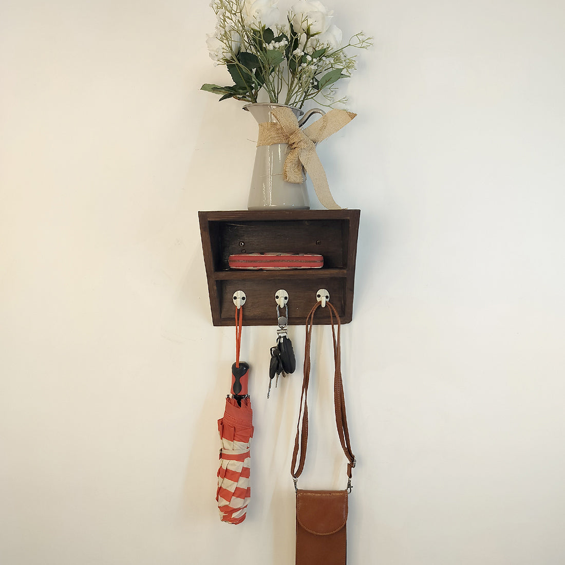 Estelle Wooden Wall Shelf Organiser with Key Holders-OUCH CART | Wall decor and hangings