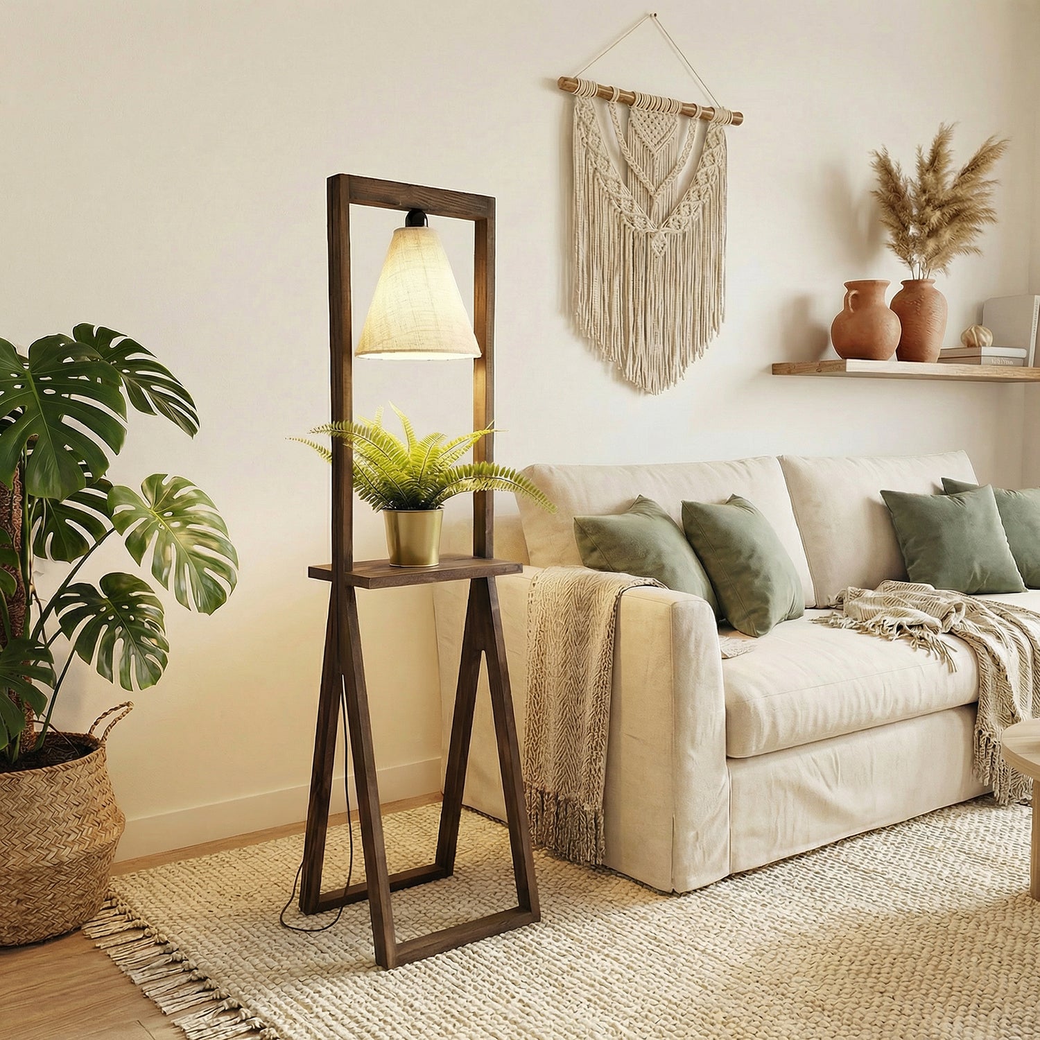 Euphoria Wooden Floor Lamp with Brown Base and Beige Fabric Lampshade (BULB NOT INCLUDED)