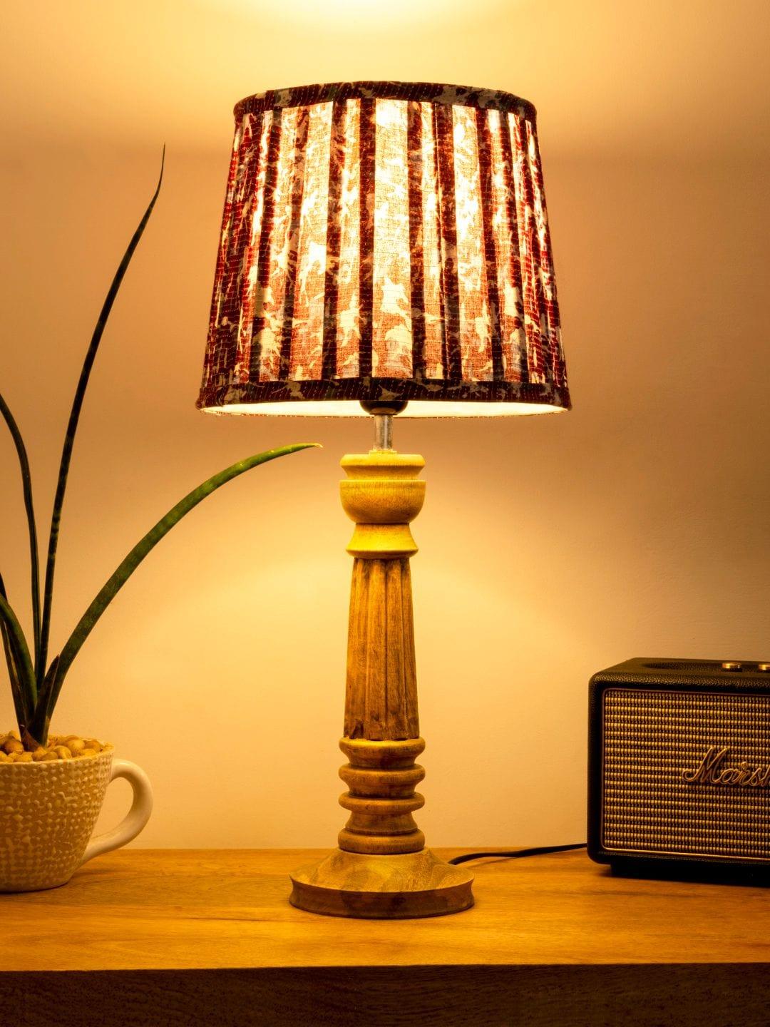 Wooden Pillar Brown lamp with pleeted Colorful Soft Shade - Ouch Cart