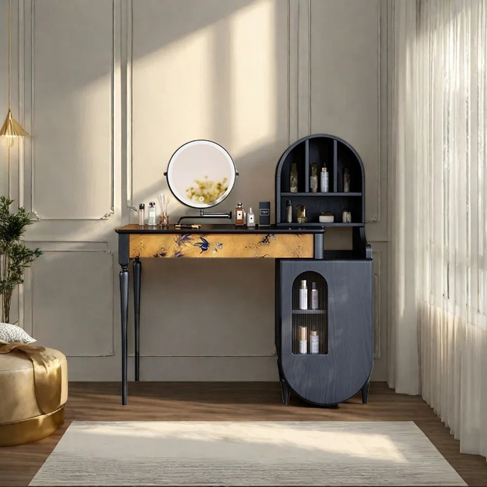 Black Vanity Table with Large Storage & Included Mirror – Solid + Engineered Wood