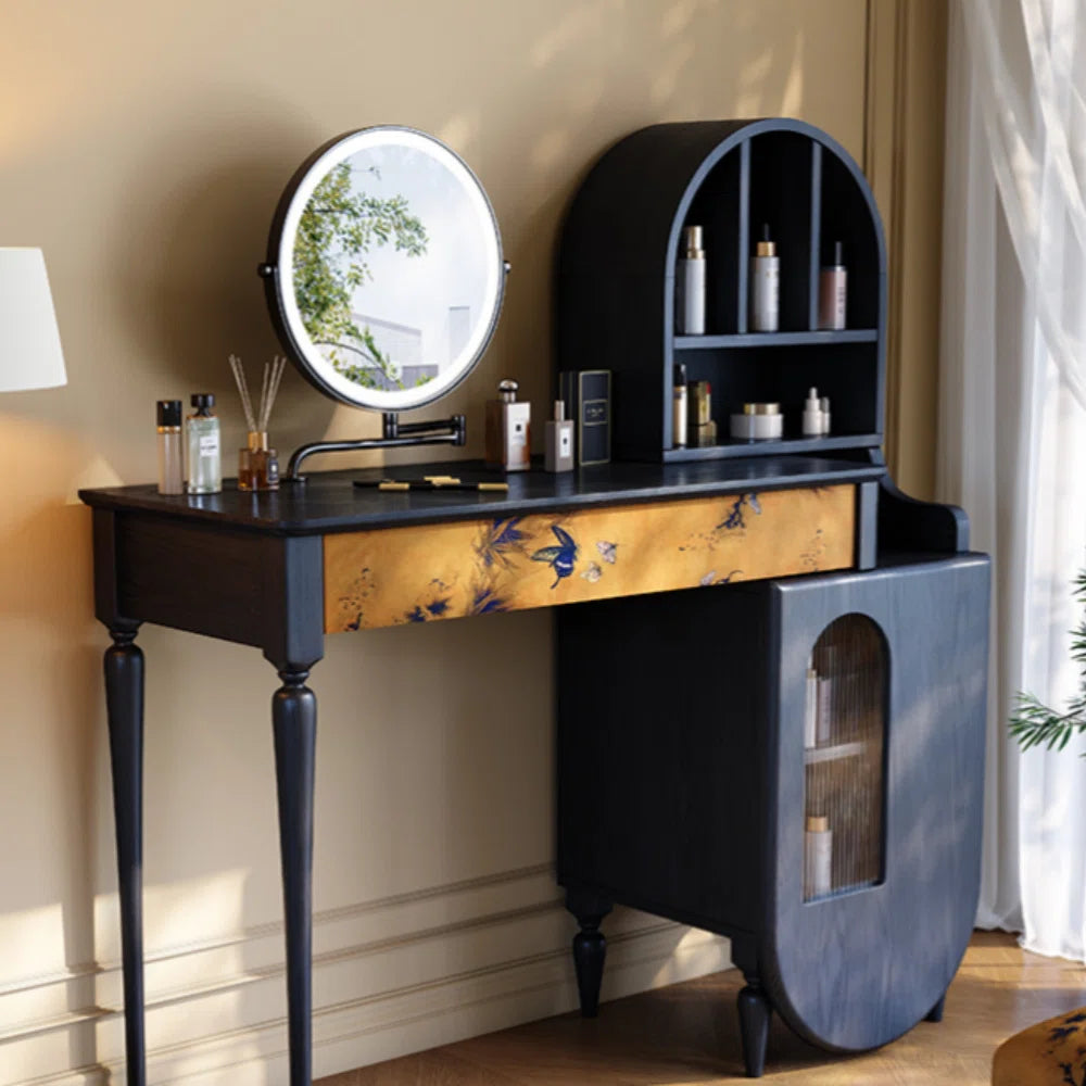 Black Vanity Table with Large Storage & Included Mirror – Solid + Engineered Wood