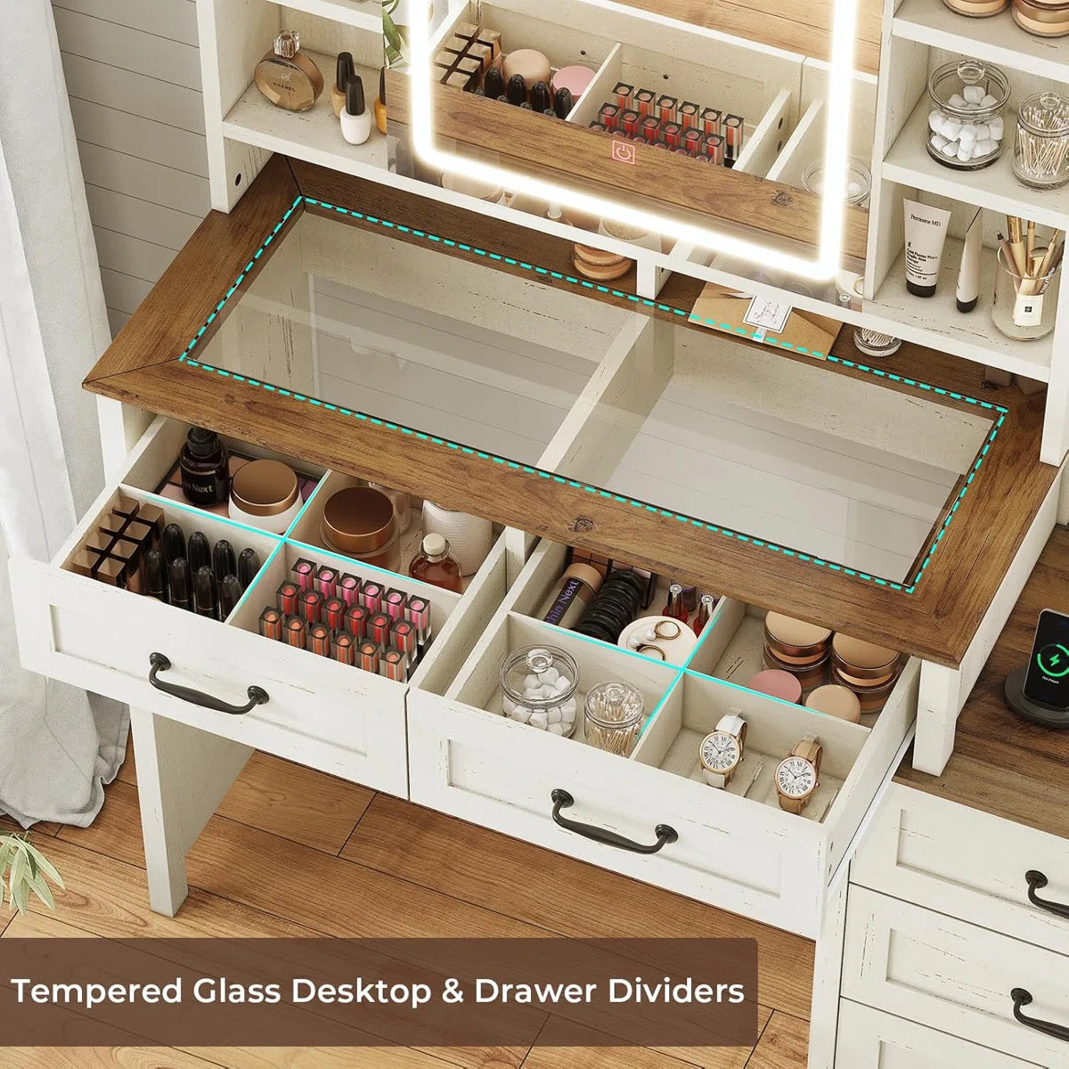Farmhouse Glass Top Makeup Vanity Desk- OUCH CART Dressing table