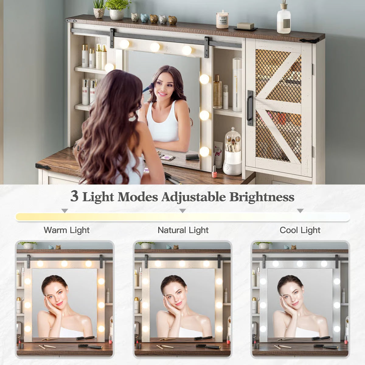 Farmhouse Vanity Table with Lights, Sliding Mirror, Charging Station, and Spacious Drawers