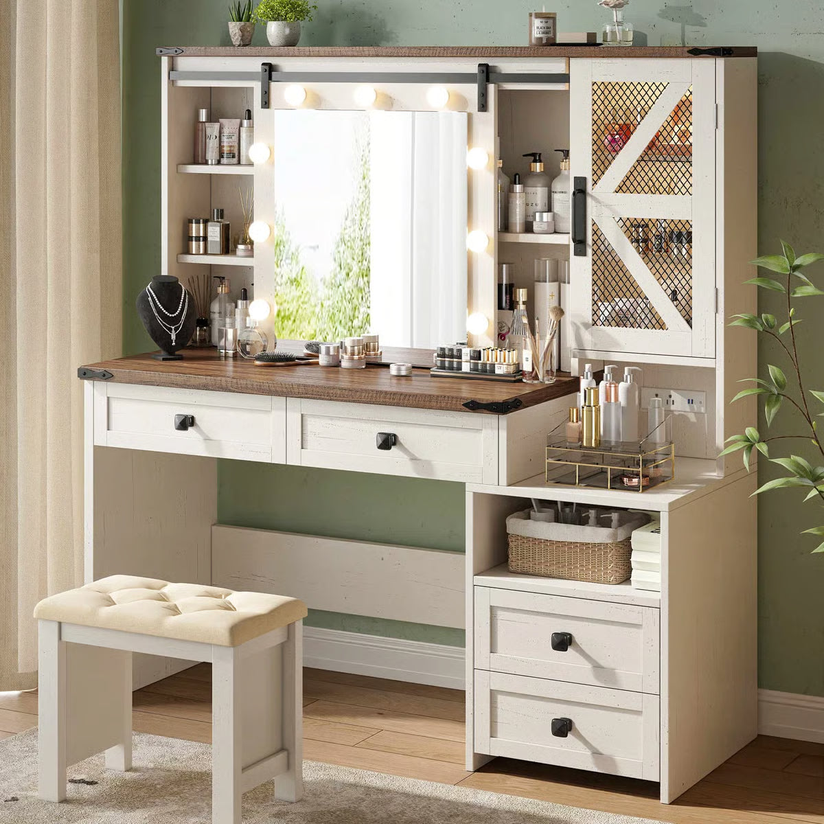 Farmhouse Vanity Table with Lights, Sliding Mirror, Charging Station, and Spacious Drawers