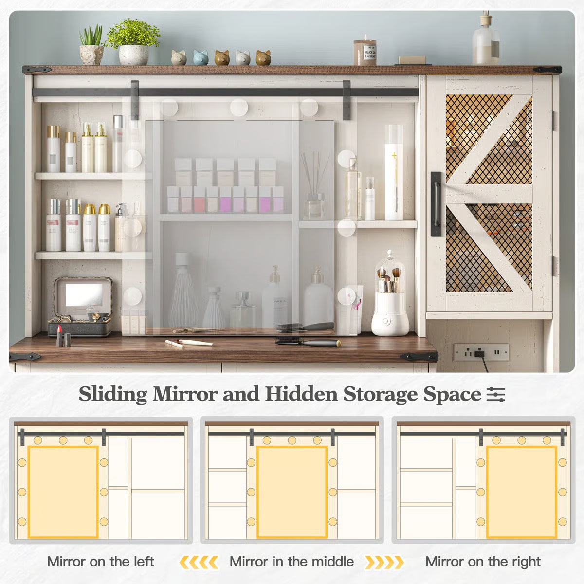 Farmhouse Vanity Table with Lights, Sliding Mirror, Charging Station, and Spacious Drawers