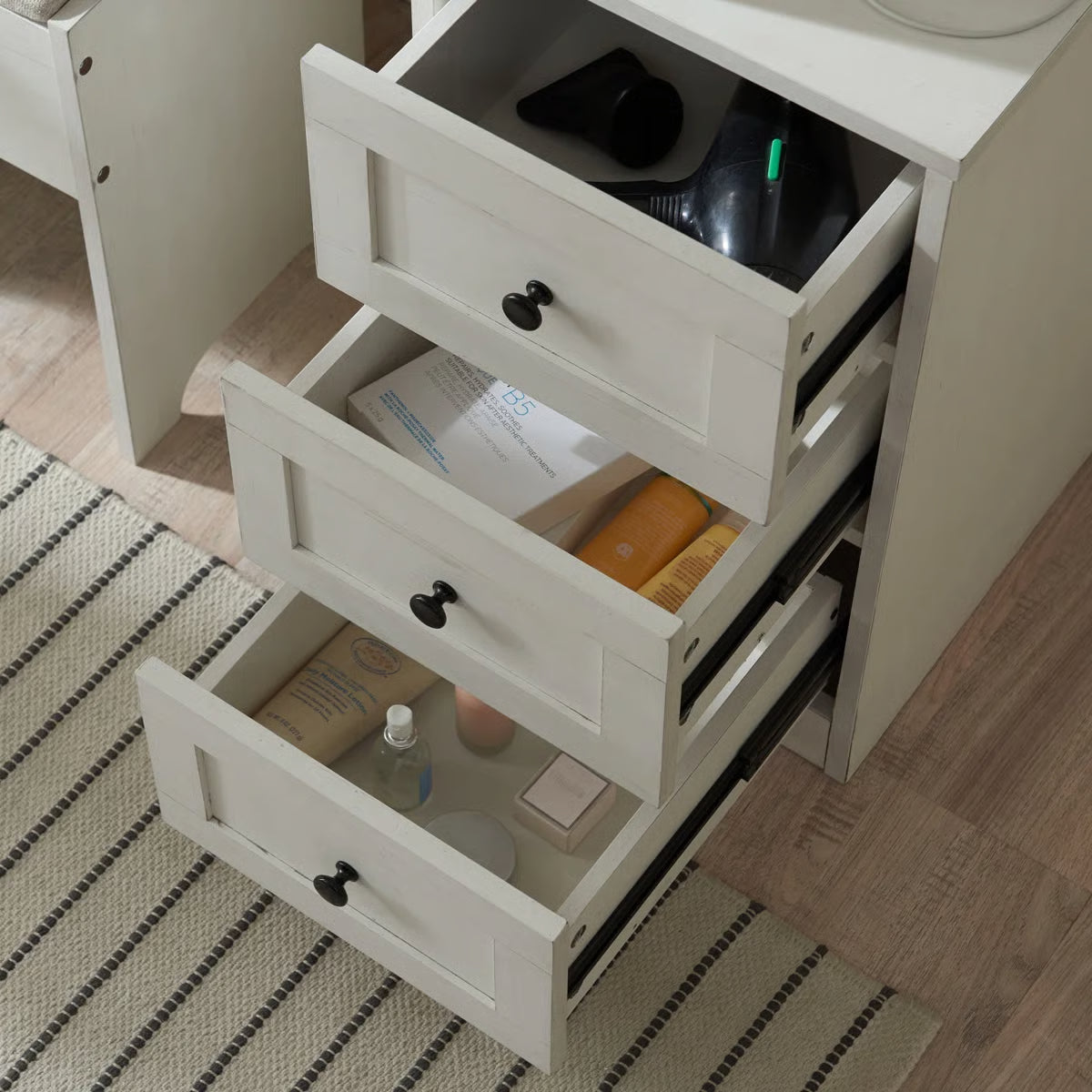 Farmhouse Vanity Makeup Desk – 43" Wide Desk with LED Mirror, Drawers, Stool & Charging