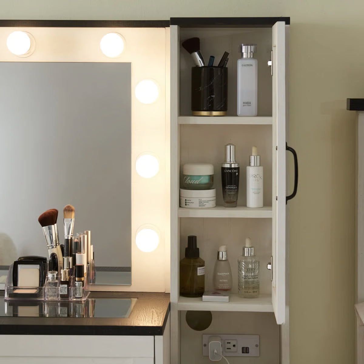 Farmhouse Vanity Makeup Desk – 43" Wide Desk with LED Mirror, Drawers, Stool & Charging