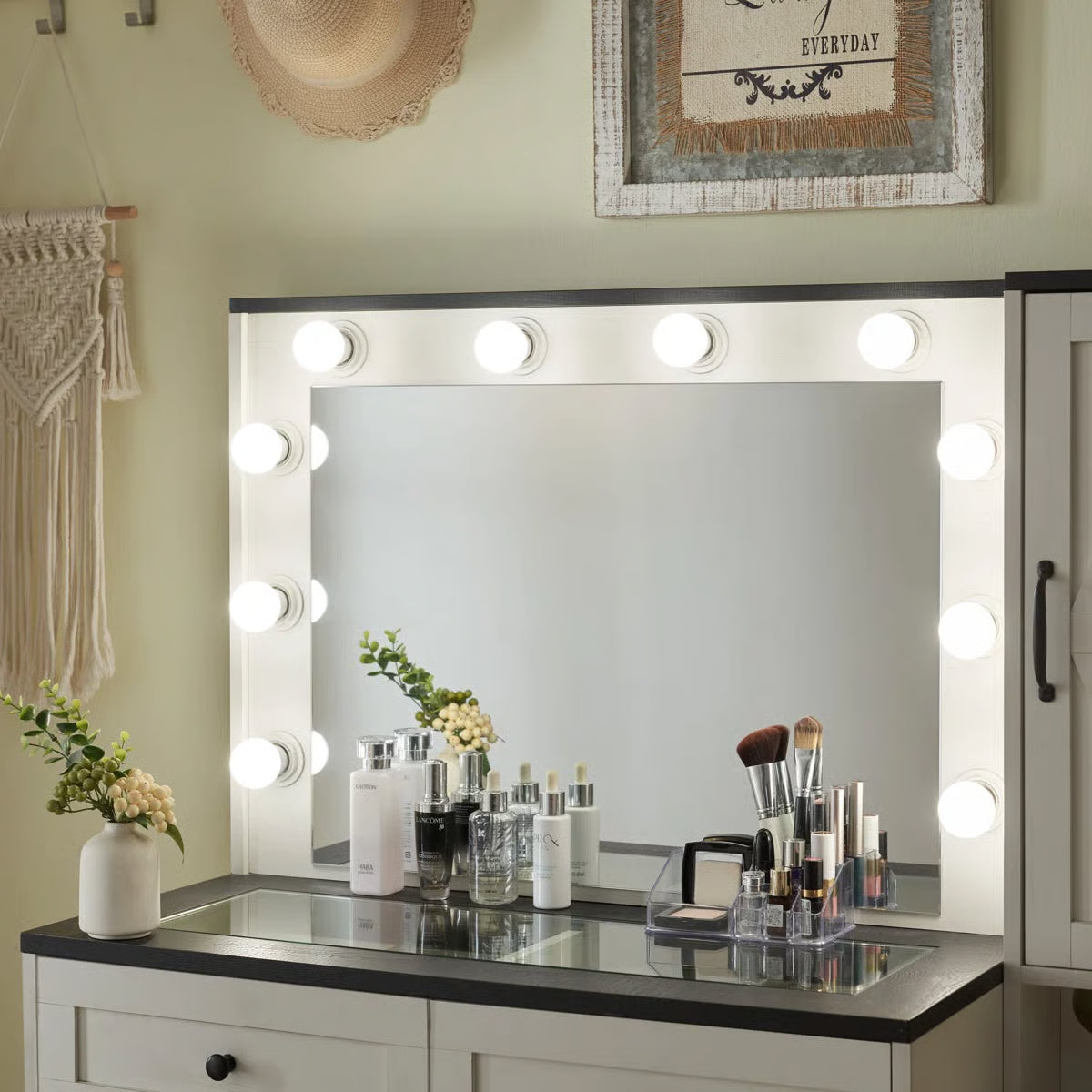 Farmhouse Vanity Makeup Desk – 43" Wide Desk with LED Mirror, Drawers, Stool & Charging