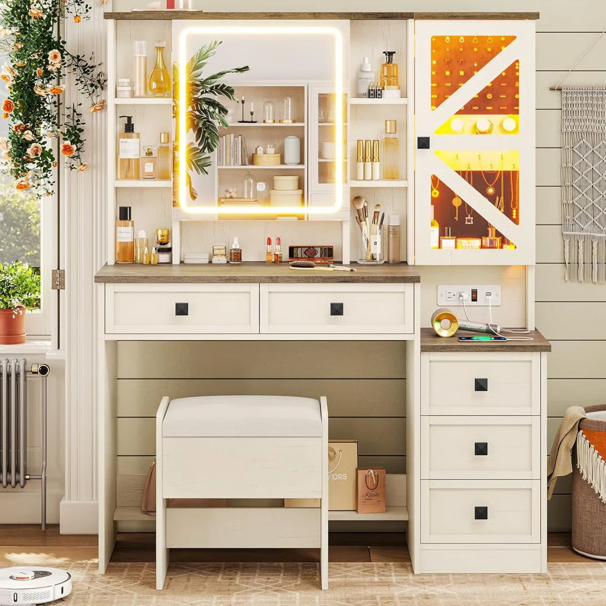 Rustic Farmhouse Makeup Vanity Set โ Vintage White Table with Stool-OUCH CART |Dressing table