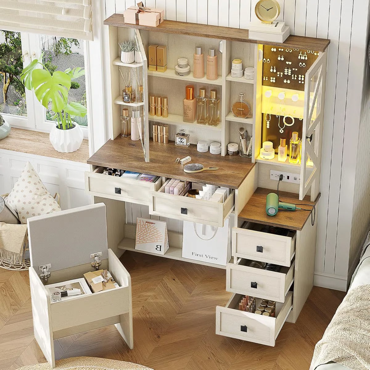 Rustic Farmhouse Makeup Vanity Set – Vintage White Table with Stool-OUCH CART |Dressing table