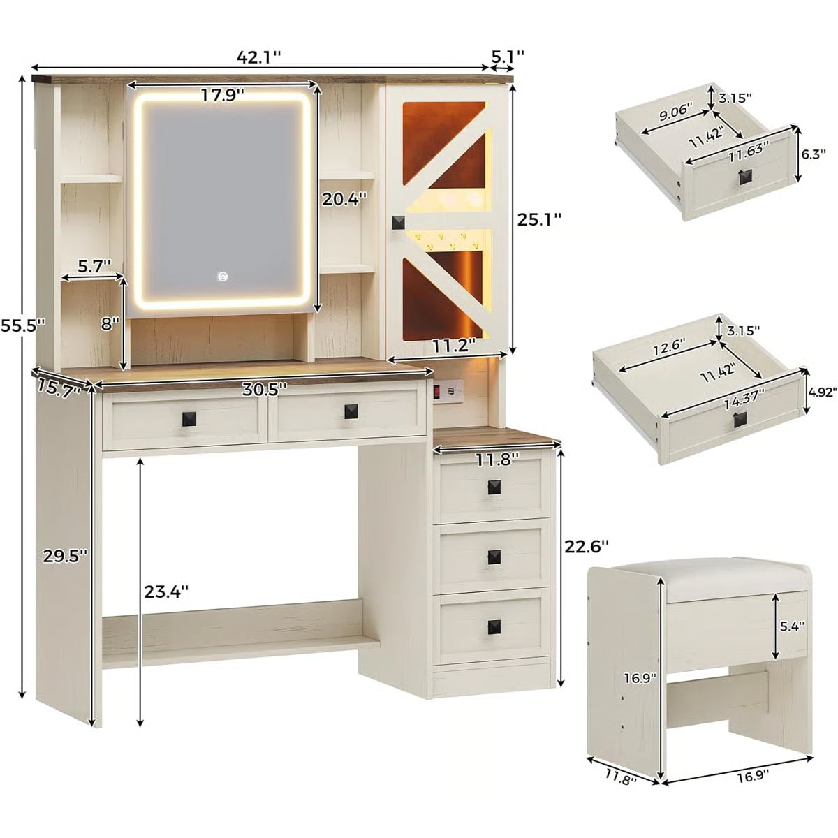 Rustic Farmhouse Makeup Vanity Set – Vintage White Table with Stool