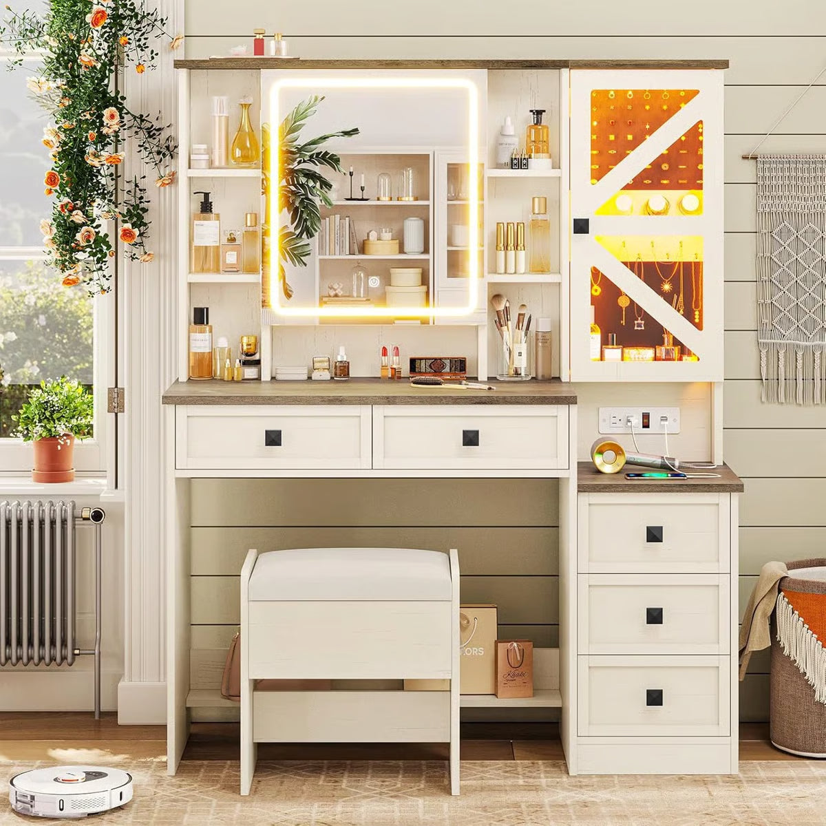 Rustic Farmhouse Makeup Vanity Set – Vintage White Table with Stool