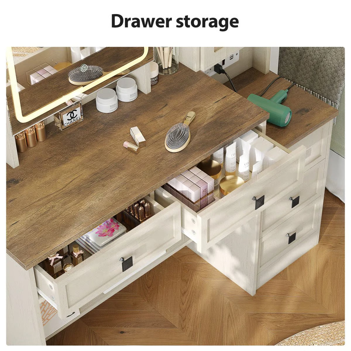 Rustic Farmhouse Makeup Vanity Set – Vintage White Table with Stool-OUCH CART |Dressing table