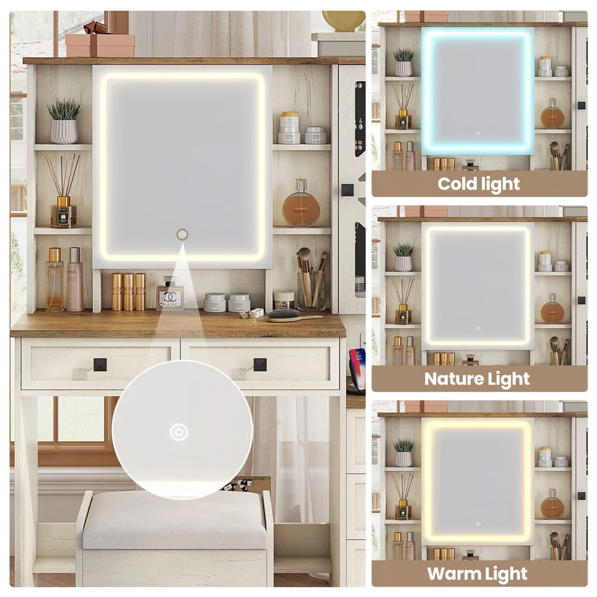 Rustic Farmhouse Makeup Vanity Set – Vintage White Table with Stool