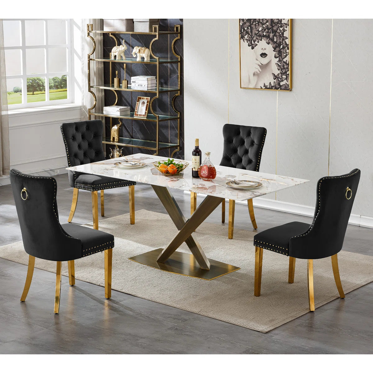 Faux Marble Dining Table Set, Marble Dining Table Set with Tufted Dining Chairs, 70 in Rectangle Large Kitchen Dining Room Table Set with Bronze Carbon Steel Frame for Home
