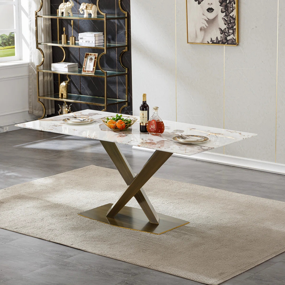 Faux Marble Dining Table Set, Marble Dining Table Set with Tufted Dining Chairs, 70 in Rectangle Large Kitchen Dining Room Table Set with Bronze Carbon Steel Frame for Home- OUCH CART