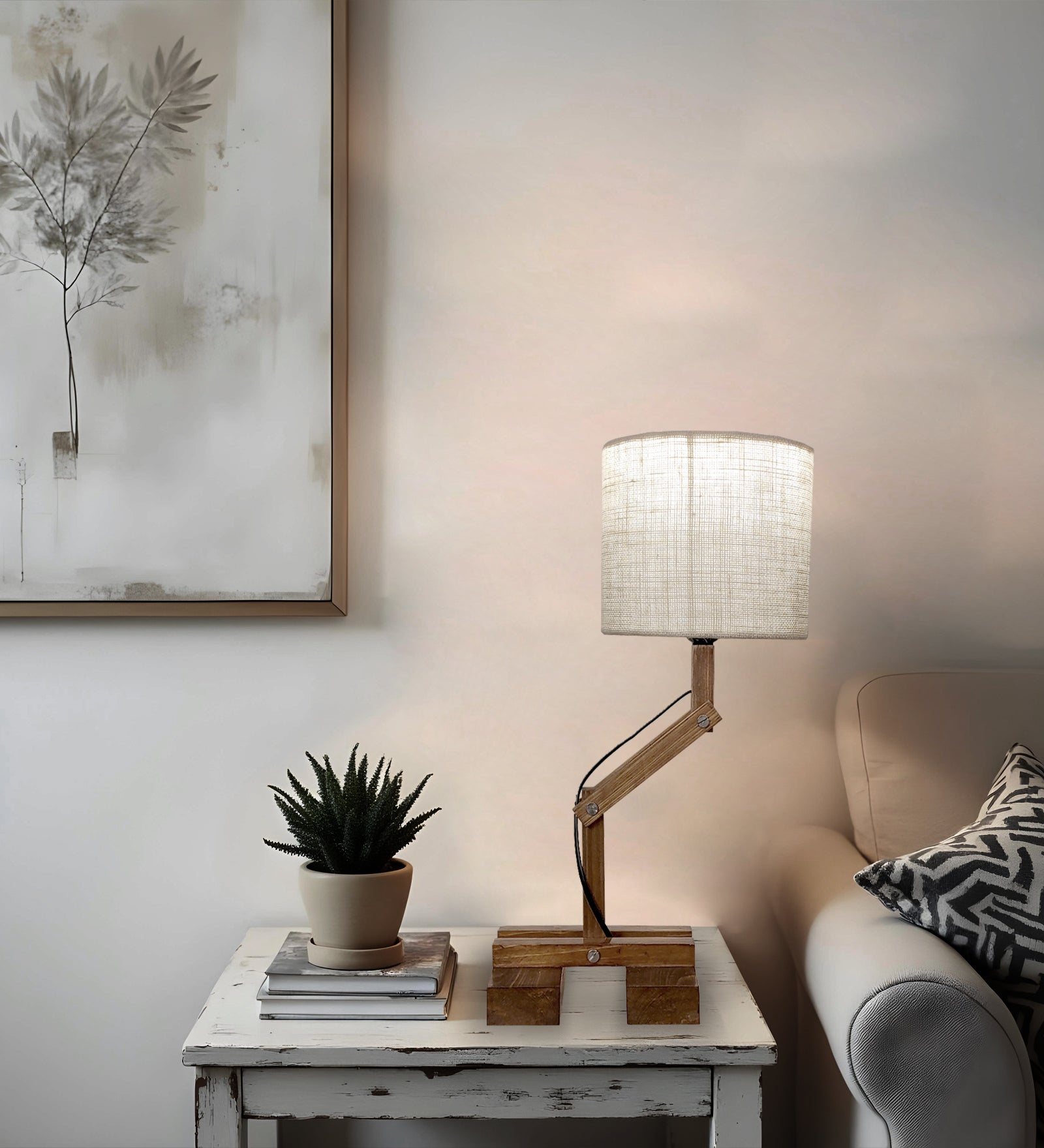 Flex Brown Wooden Table Lamp with Yellow Printed Fabric Lampshade (BULB NOT INCLUDED)