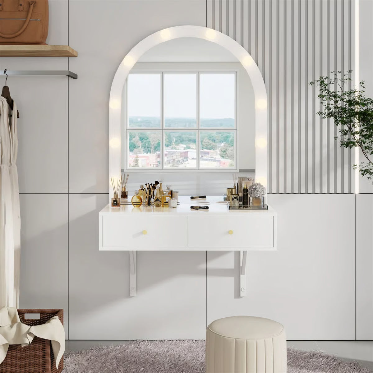 Wall-Mounted Floating Makeup Vanity – Mirror with 3-Color LED Lights, Power Outlet & Storage-OUCH CART |Dressing table