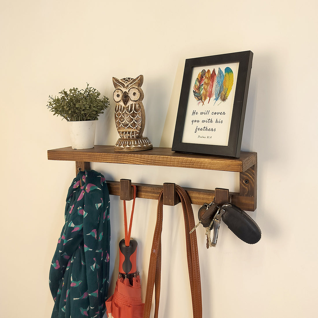 Florian Wooden Wall Shelf Organiser with Key Holders - OUCH CART | Wall decor and key  holder