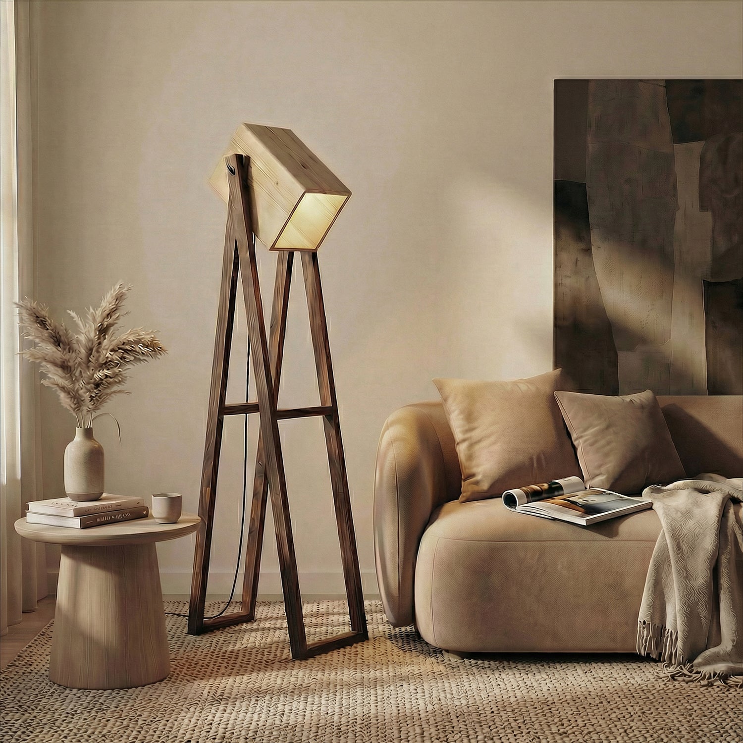 Focal Wooden Floor Lamp with Brown Base and Beige Wooden Lampshade (BULB NOT INCLUDED)