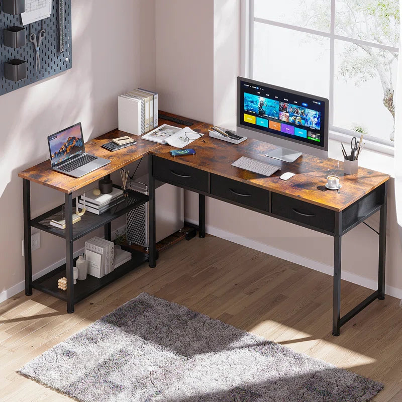 Computer L Shaped Desk with Power Outlets,Writing Desk with Two Metal Shelves and One Wooden Shelf,Gaming Desk with Drawers