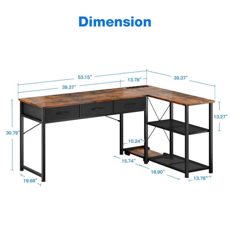 Computer L Shaped Desk with Power Outlets,Writing Desk with Two Metal Shelves and One Wooden Shelf,Gaming Desk with Drawers