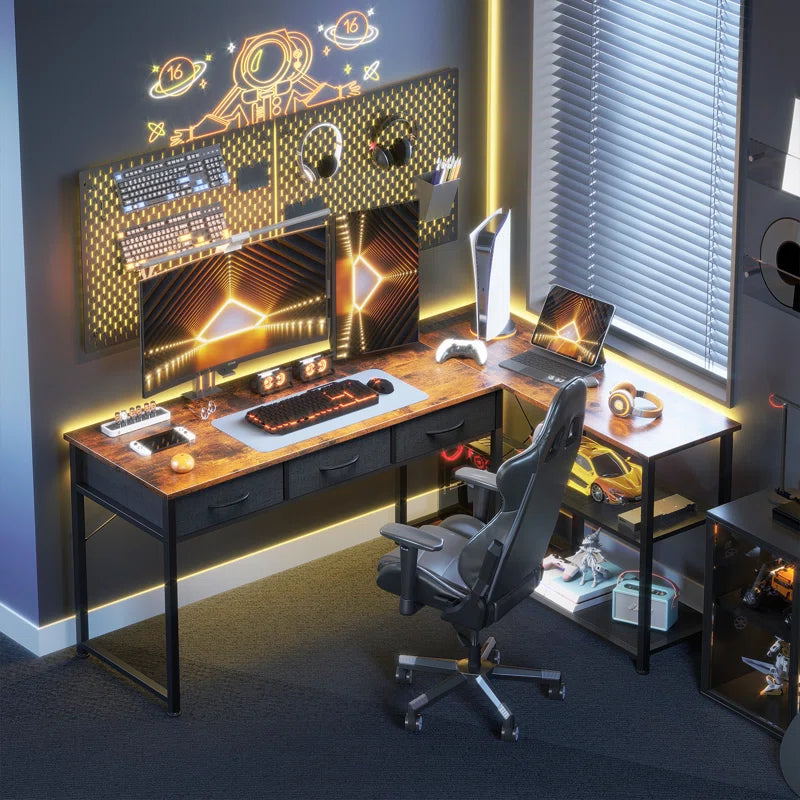 Computer L Shaped Desk with Power Outlets,Writing Desk with Two Metal Shelves and One Wooden Shelf,Gaming Desk with Drawers