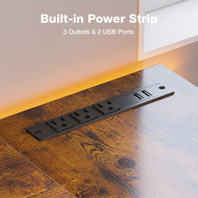 Computer L Shaped Desk with Power Outlets,Writing Desk with Two Metal Shelves and One Wooden Shelf,Gaming Desk with Drawers Ouch Cart