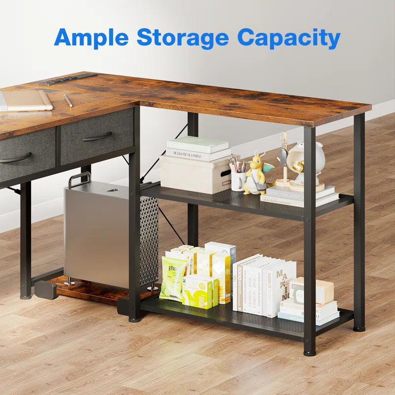 Computer L Shaped Desk with Power Outlets,Writing Desk with Two Metal Shelves and One Wooden Shelf,Gaming Desk with Drawers