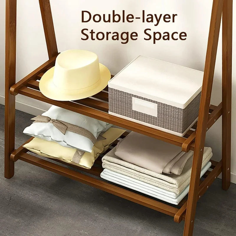 Wooden Garment Stand with 2 Storage Shelves