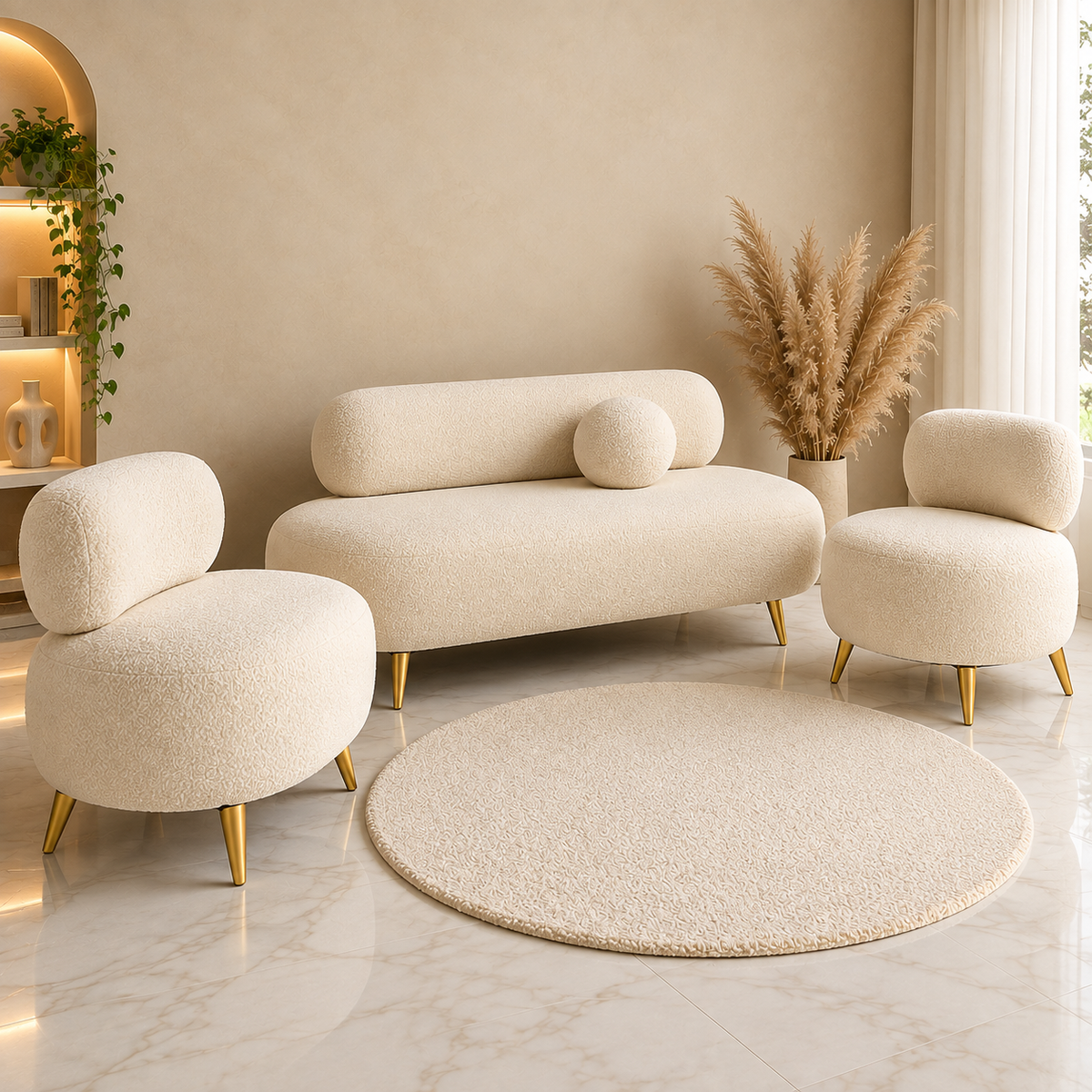Furnkraft Cream Bouclé Sofa Set with 2 Accent Chairs, Modern 3-Seater Living Room Furniture Set with Gold Metal Legs, Plush Upholstered Sofa Set for Home, Lounge & Apartment