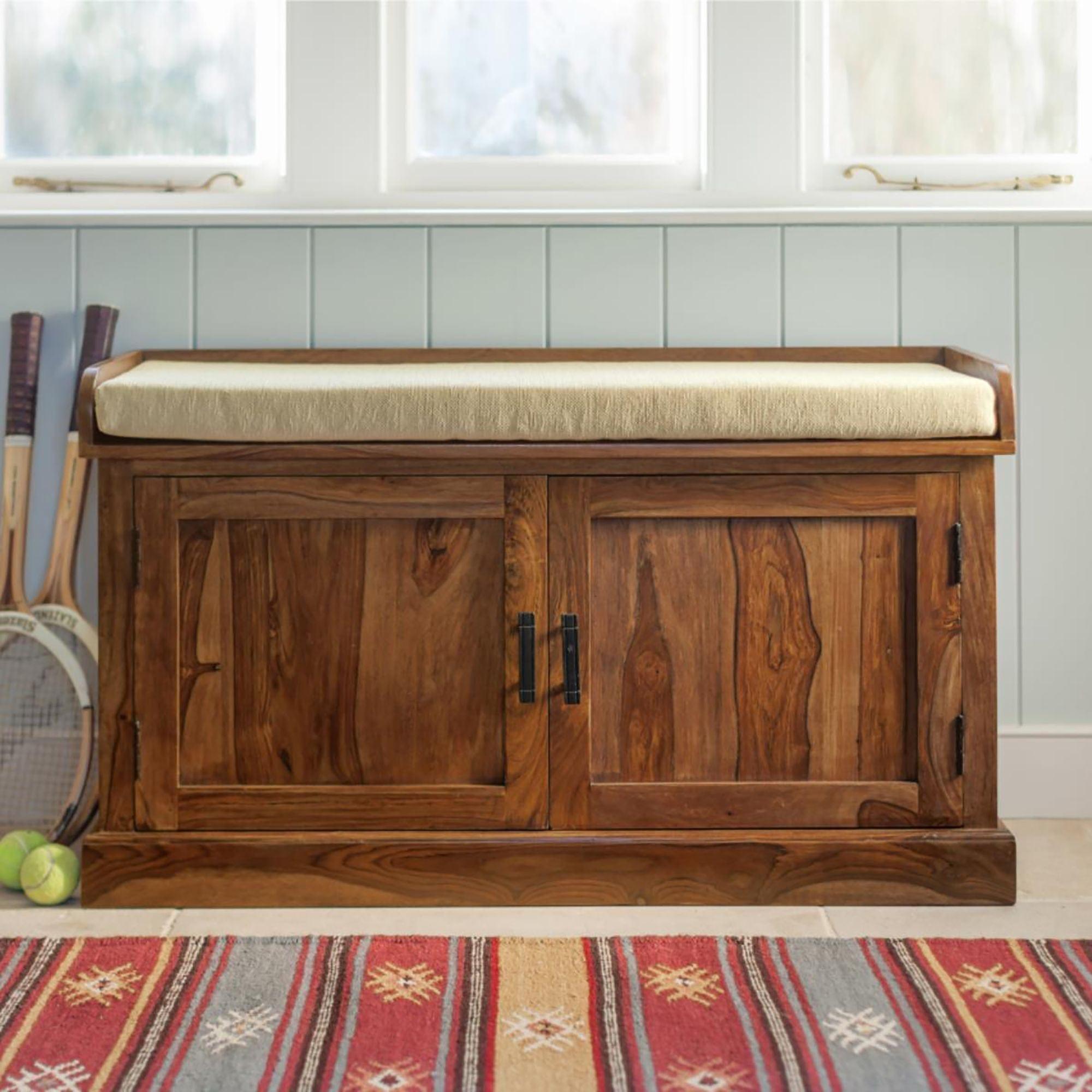 Sheesham Wood Hallway Storage Shoerack In Honey Finish - Ouch Cart