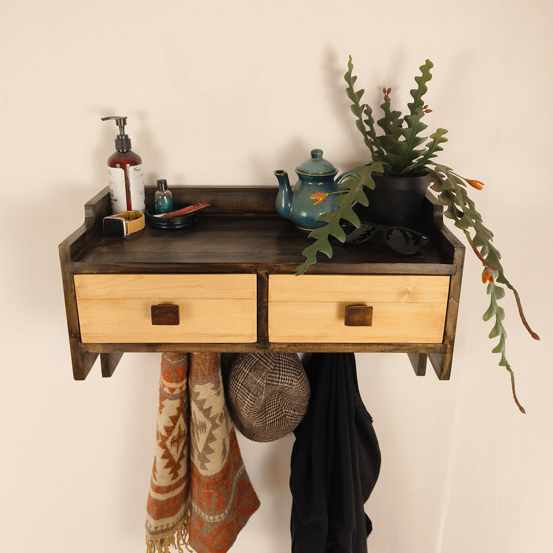 GOLDEN OAK Wooden Wall Shelf with Drawers & Key Holders