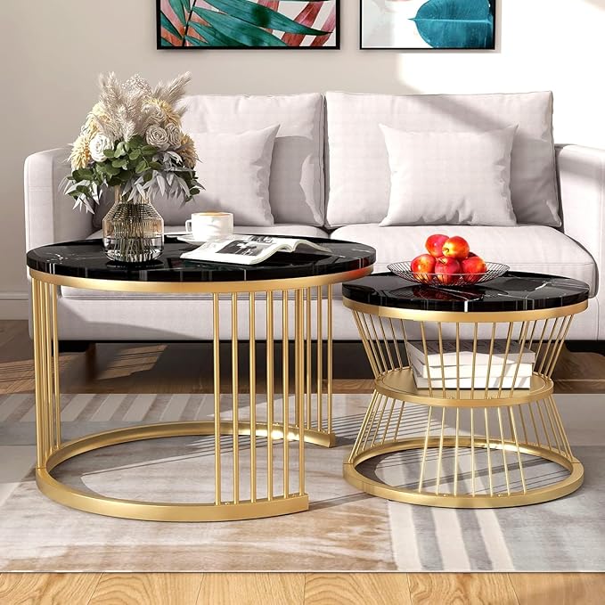 Round Modern Nesting Coffee Table Set of 2 with Marble Veneer Tops